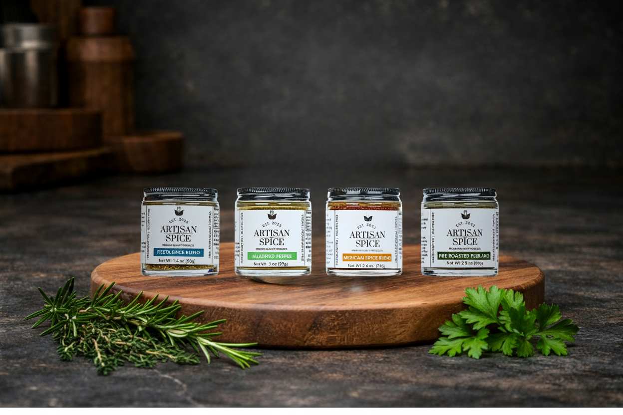 Artisan Spice jars with herbs on the sides