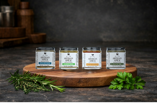 Artisan Spice jars with herbs on the sides